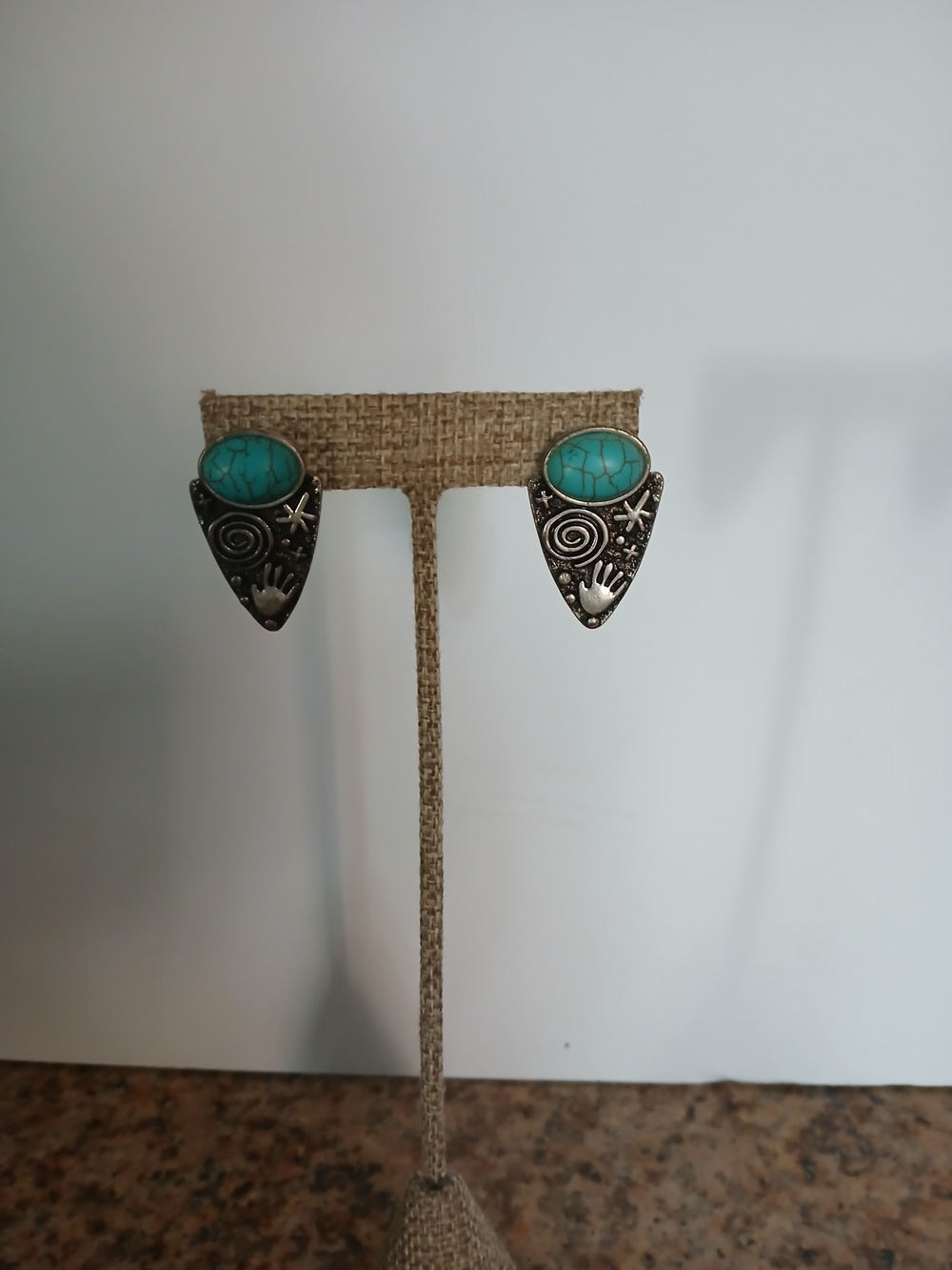 ICON Turquoise and Silver-Tone Engraved Drop Earrings